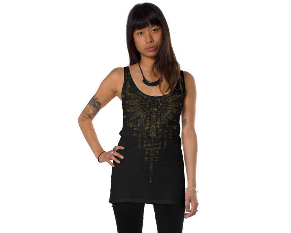 Women open back tank top in red with a psychedelic print 